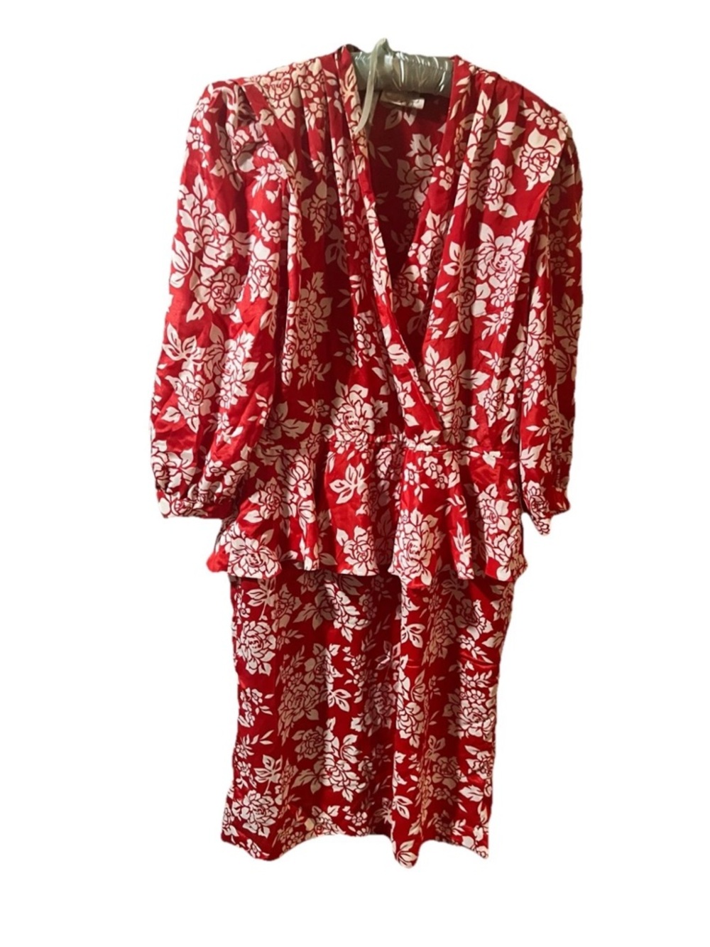 Leslie Fay Red and White Floral Long Sleeve Midi Dress